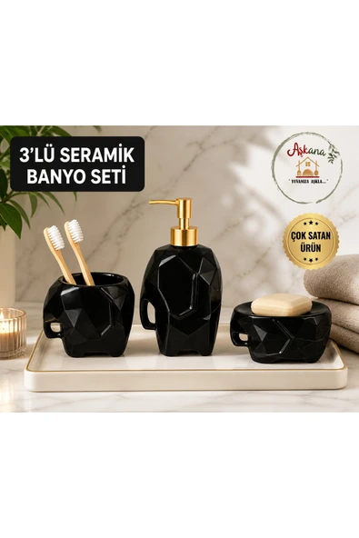 Aşkana 3’lü Seramik Fil Figürlü Parlak Siyah Dekoratif Banyo Seti,Diş Fırçalık+Sıvı Sabunluk+Katı Sabunluk ürün görseli 1