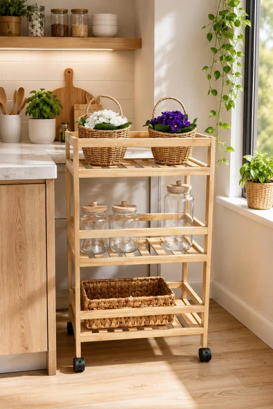 3 Katlı Bambu Mutfak Rafı Tekerlekli Çok Amaçlı Organizer – Modern Depolama Standı ürün görseli 1