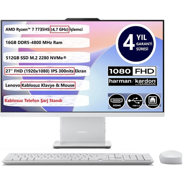 Ideacentre Aıo 27ARR9 R7-7735HS 16GB 512GB SSD 27 Fhd IPS Freedos 27" Aıo Bilgisayar F0HQ008GTR 4 Yıl Garantı ürün görseli 1