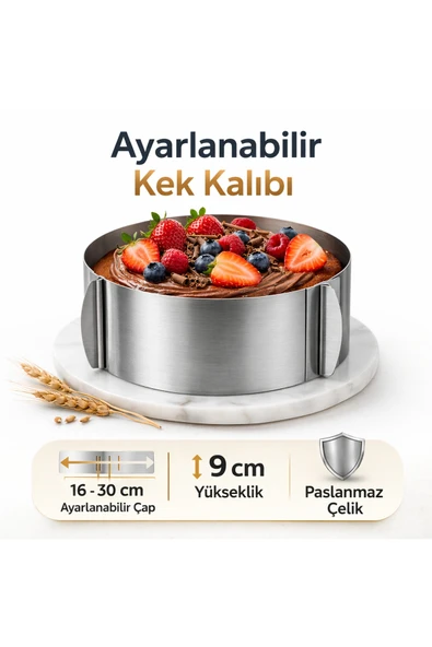 Aşkana 16-30 cm Arası Ayarlanabilir Kek Kalıbı,Paslanmaz Çelik Pasta Çemberi,Profesyonel Pasta Kalıbı ürün görseli 1