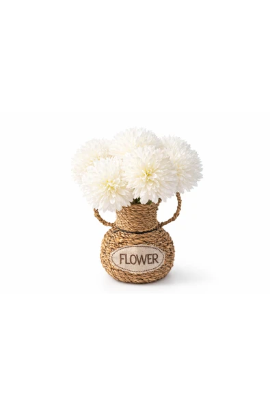 Aşkana El Yapımı Vintage Tasarım Doğal Hasır Vazo,17 cm,Dekoratif Flower Yazılı Bohem Rattan Saksı,Çiçeklik ürün görseli 1