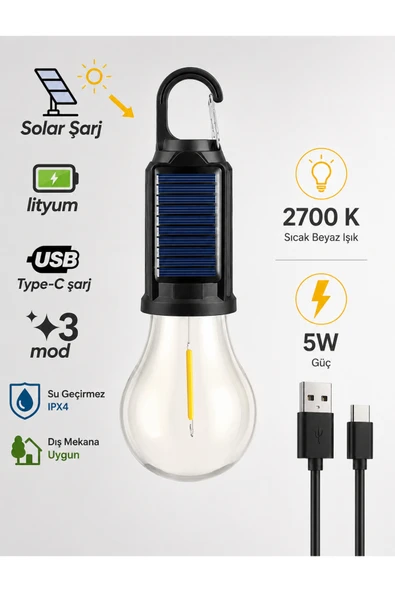 Aşkana Taşınabilir Askılı Ampul Kamp Lambası,Solar ve USB Type-C Şarjlı LED Ampul Lamba,Su Geçirmez,İç/Dış Mekan,Kamp,Çadır,Bahçe,Aydınlatma ürün görseli 1