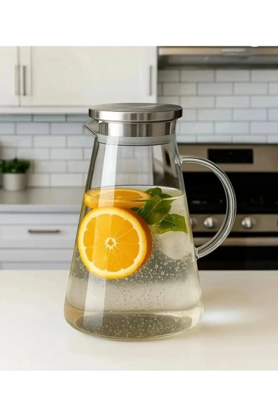 Aşkana 1800 ML,BÜYÜK BOY BOROSİLİKAT CAM SÜRAHİ,METAL SÜZGEÇ KAPAKLI,SU,LİMONATA,DETOKS,ÇAY, SÜRAHİSİ ürün görseli 1