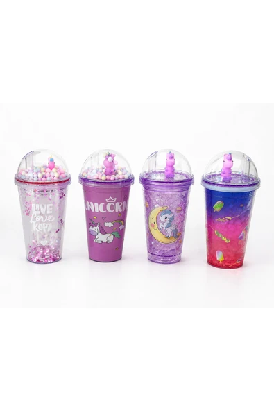 Aşkana Unicorn Temalı Pipetli Bardak 450 ML Pembe Renkli Çocuk Matara Şeffaf Kapaklı BPA İçermez 4 Farklı Model ürün görseli 1