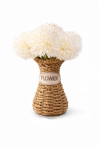Aşkana El Yapımı Vintage Tasarım Doğal Hasır Vazo,18 cm,Dekoratif Flower Yazılı Bohem Rattan Saksı,Çiçeklik ürün görseli 1