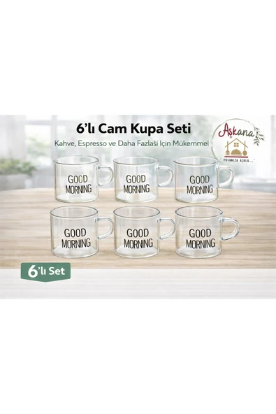 Tiran 6’lı 120 ml Kulplu Cam Fincan,Good Morning Yazılı,Çizgili Cam Kupa Espresso Türk Kahvesi Fincanı ürün görseli 1