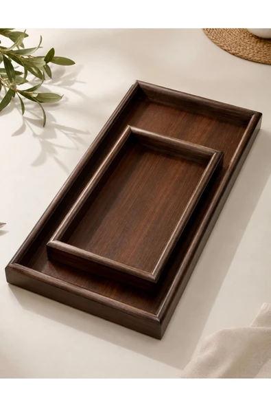 Aşkana Bambu 2li En Büyük Boy Dikdörtgen Tepsi Seti, Servis & Sunum Tepsisi | 50×21 cm+30×15 cm, Koyu Ton Kahverengi-Akasya ürün görseli 1