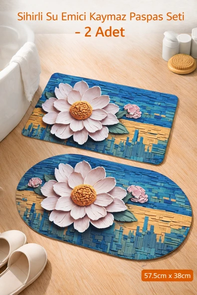 Aşkana 2’li Sihirli Paspas,Su Emici, Kaymaz Tabanlı, Banyo,Duş,Mutfak,Lavabo,Balkon Kapısı (57,5x38 cmX 2) ürün görseli 1