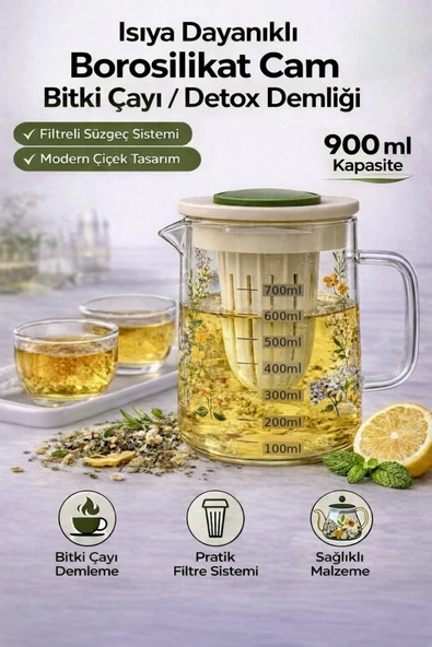 Aşkana Isıya Dayanıklı Borosilikat Cam Bitki Çayı ve Detox Demliği,Süzgeçli,Ölçekli,Kulplu Sürahi,900 ml ürün görseli 1