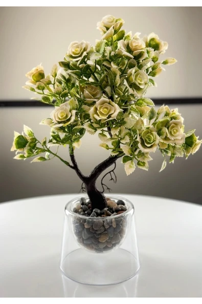 Aşkana Yapay Bonsai Gül Çiçek Ağaç 30 cm,Dekoratif Saksılı Mini Ağaç,Masa Üstü Pleksi Saksılı Ev Dekoru ürün görseli 1