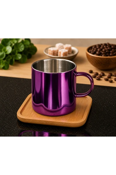 Cambu Aynalı Borosilikat Cam Türk Kahvesi Fincan Seti,Mor,2x125ml–Bambu Tabaklı, Isıya Dayanıklı ürün görseli 1