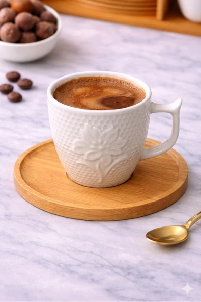 Aşkana Tek Kişilik 2 Parça Porselen Türk Kahvesi Fincan Takımı.Bambu Tabaklı Premium Kahve Seti,Çiçek ürün görseli 1