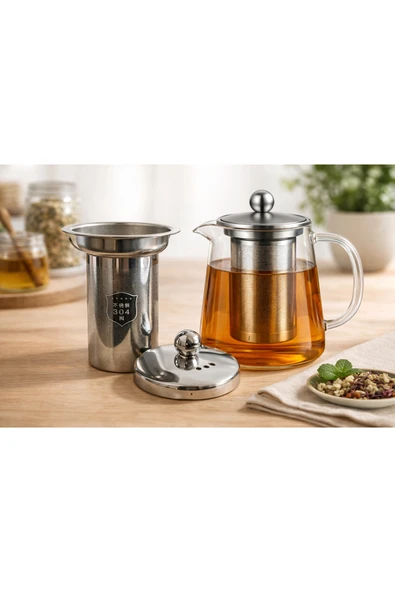 Aşkana Borosilikat Cam Demlik 750 ml,Paslanmaz Çelik Süzgeçli,Isıya Dayanıklı, Kulplu Çay Demliği ürün görseli 1