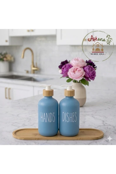 Aşkana 2'li Cam Deterjanlık-Sıvı Sabunluk Seti,2x500 ml,Bambu Standlı,Mutfak,Banyo,Deterjanlık,Losyonluk ürün görseli 1