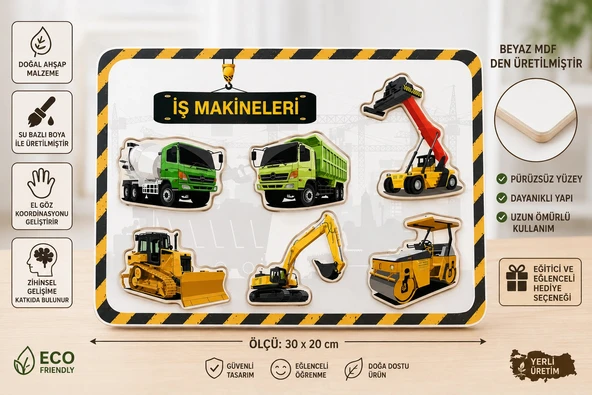 İş Makineleri Ahşap Yapboz Puzzle Oyunu – 30x20 cm Beyaz MDF Eğitici Çocuk Puzzle ürün görseli 1