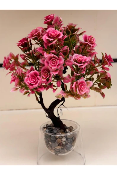 Aşkana Yapay Bonsai Gül Çiçek Ağaç 30 cm,Dekoratif Saksılı Mini Ağaç,Masa Üstü Pleksi Saksılı Ev Dekoru ürün görseli 1
