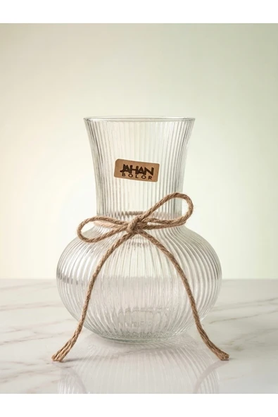 Aşkana Modern Büyük Boy Rustik Cam Vazo 21 cm,Dekoratif Şeffaf Çizgili Vintage Vazo,Salon, Masa, Çiçeklik, Bohem Ev Dekorasyonu ürün görseli 1