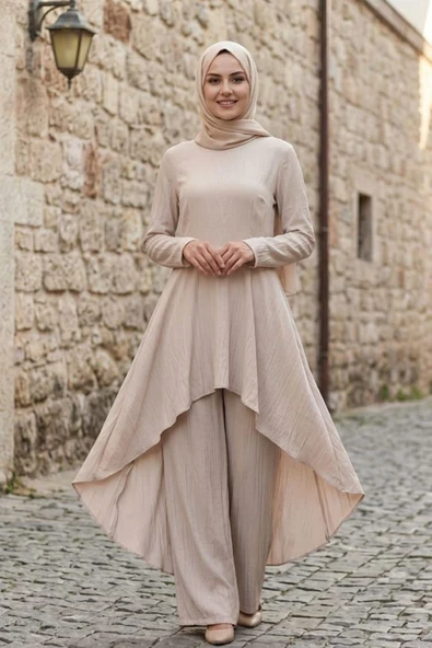 Kadın Tesettür Asimetrik Tunik Pantolon Takım ürün görseli 1