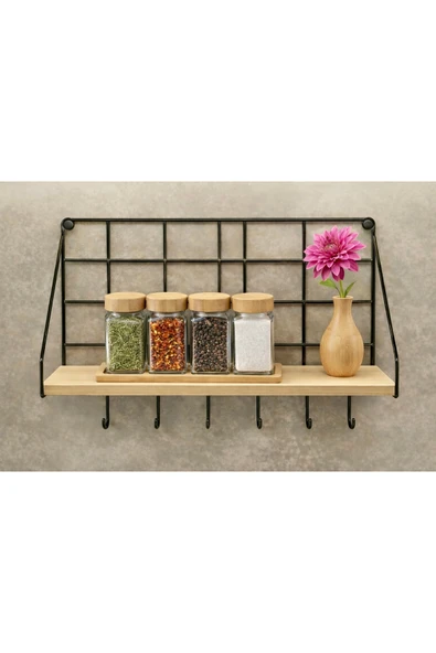 diğeraass Retro Metal Duvar Rafı,6 Kancalı,Kahve Köşesi,Mutfak Rafı,Ahşap Raflı,32x11,5x24cm,Hazır Montajlı ürün görseli 1