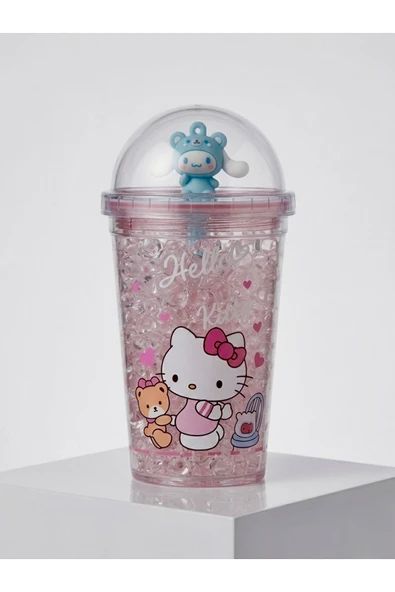 Aşkana Sevimli Hello Kitty Kristal Figürlü Cam Bardak,450 ml, Kız Çocuk Özel Tasarım Pipetli Plastik Suluk,Matara,Model2 ürün görseli 1