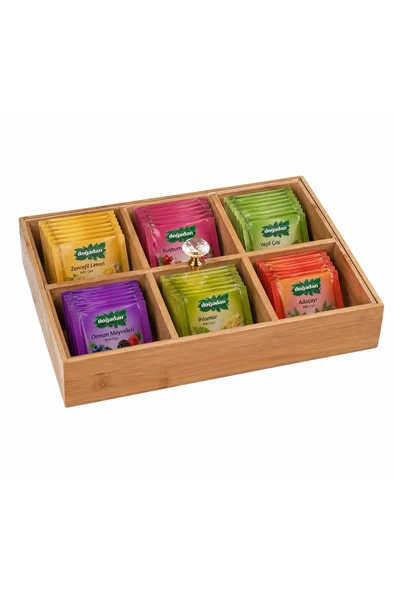 Aşkana 6 Bölmeli Ahşap Organizer,Çerezlik,Lokumluk,Kahvaltılık,Çay Poşeti,Takı Kutusu,30x20 cm,Kulplu Kutu ürün görseli 1