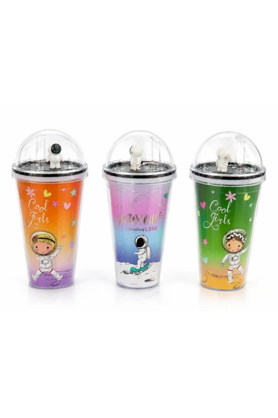 Aşkana Uzay Temalı Pipetli Bardak 450 ML Astronot Kapaklı Çocuk Matara Renkli Şeffaf Ekonomik Suluk BPA İçermez 3 Farklı Model ürün görseli 1