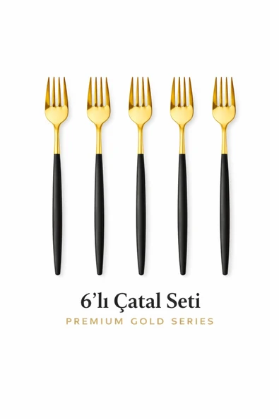 Aşkana Modern Altın Renk Paslanmaz Çelik Yemek Çatalı 6’lı Set,Mat Siyah Saplı Premium Yemek Çatalı Seti ürün görseli 1