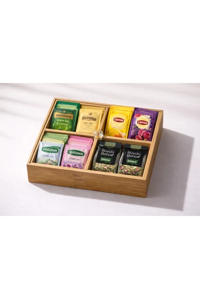 Aşkana 4 Bölmeli Ahşap Organizer,Çerezlik,Lokumluk,Kahvaltılık,Çay Poşeti,Takı Kutusu,20x20 cm,Kulplu Kutu ürün görseli 1