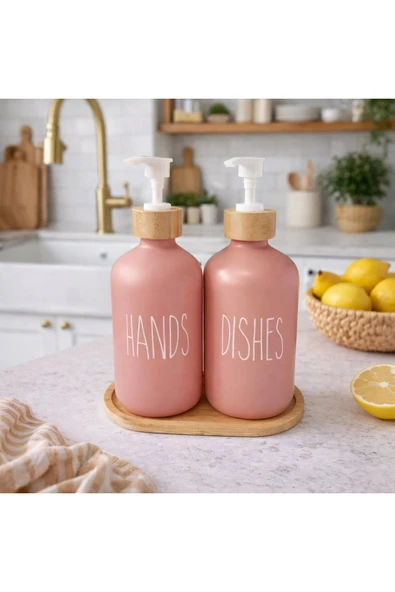 Aşkana 2'li Cam Deterjanlık-Sıvı Sabunluk Seti,2x500 ml,Bambu Standlı,Mutfak,Banyo,Deterjanlık,Losyonluk ürün görseli 1