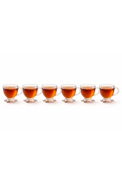Aşkana 6’lı Cam Çay Fincanı Seti 210 ml | Yıldız Ayaklı Kendinden Desenli Kulplu Çay,Kahve Fincanı Takımı ürün görseli 1