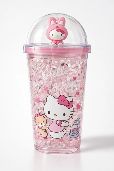 Aşkana Sevimli Hello Kitty Kristal Figürlü Cam Bardak,450 ml, Kız Çocuk Özel Tasarım Pipetli Plastik Suluk,Matara ürün görseli 1