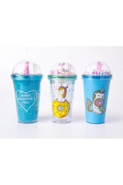 Aşkana Unicorn Temalı Pipetli Bardak 450 ML Mavi Renkli Çocuk Matara Şeffaf Kapaklı BPA İçermez 3 Farklı Model ürün görseli 1