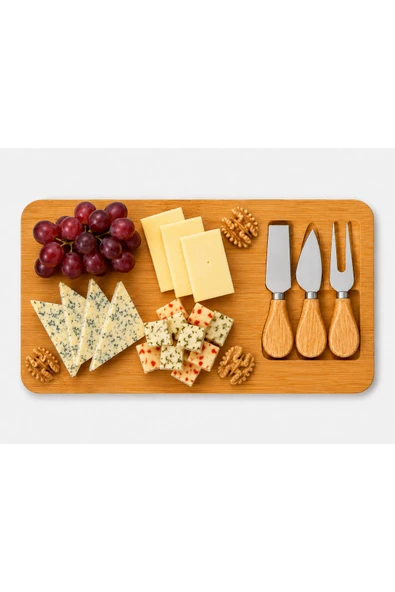 Aşkana Bambu Peynir Sunum Tahtası Seti,3lü Aparatlı, 4 Parça,Ahşap Servis,Şarküteri, Kahvaltı Sunum Tabağı,38x17 cm ürün görseli 1