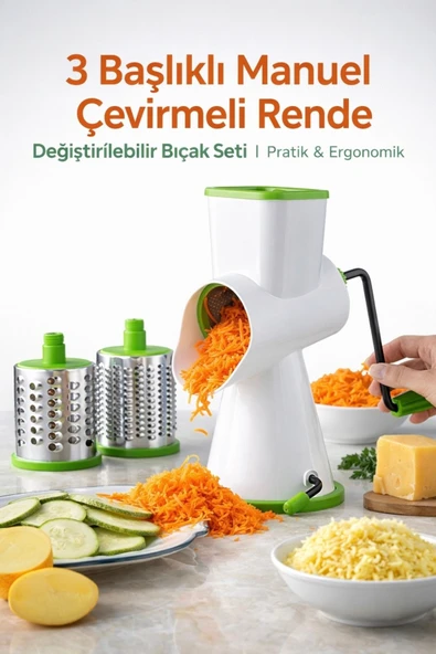 Aşkana 3 Başlıklı Manuel Çevirmeli Ergonomik Rondo-Rende Seti,Değiştirilebilir Bıçaklı Pratik Dilimleyici ürün görseli 1