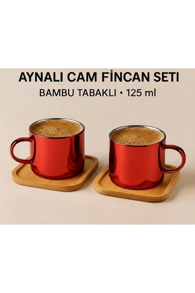 Cambu Aynalı Borosilikat Cam Türk Kahvesi Fincan Seti,Kırmızı,2x125ml–Bambu Tabaklı, Isıya Dayanıklı ürün görseli 1