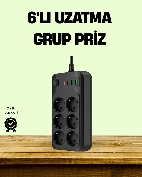 2500W Güçlü 6’Lı Priz Usb Ve Type-C Çıkışlı Termal Korumalı ürün görseli 1