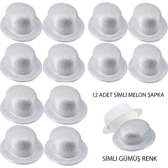 Gümüş Renk Simli Melon Yuvarlak Parti Şapkası 12 Adet ürün görseli 1