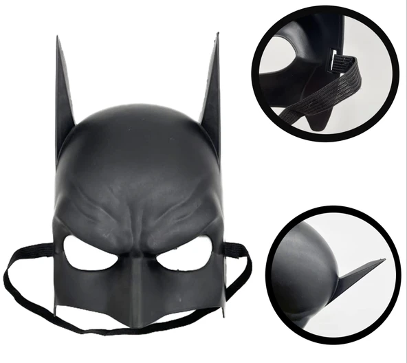 Siyah Renk Çocuk Boy Arkadan Lastikli Batman Maskesi A Kalite 20X14 Cm ürün görseli 1