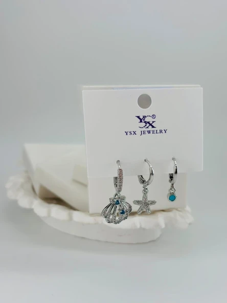 Deniz Kabuğu Detaylı Üçlü Kombin Küpe - Kp00538 ürün görseli 1