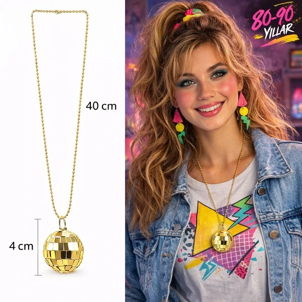 Retro Disko Topu Şekilli 8039Ler 9039Lar Altın Renk Plastik Kolye ürün görseli 1