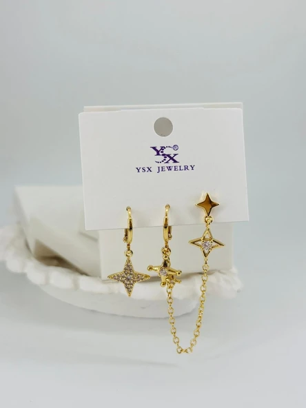 Zirkon Taşlı Pirinç Üçlü Kombin Küpe - Kp00545 ürün görseli 1