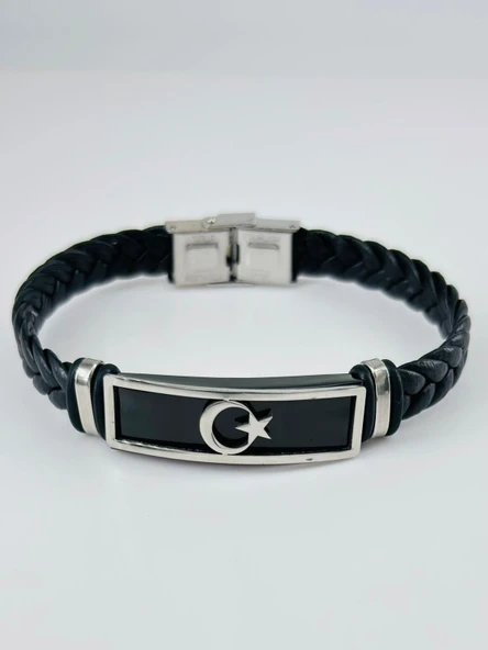 Siyah Deri / Çelik Erkek Deri Bileklik 20 Cm - Ebl0125 ürün görseli 1
