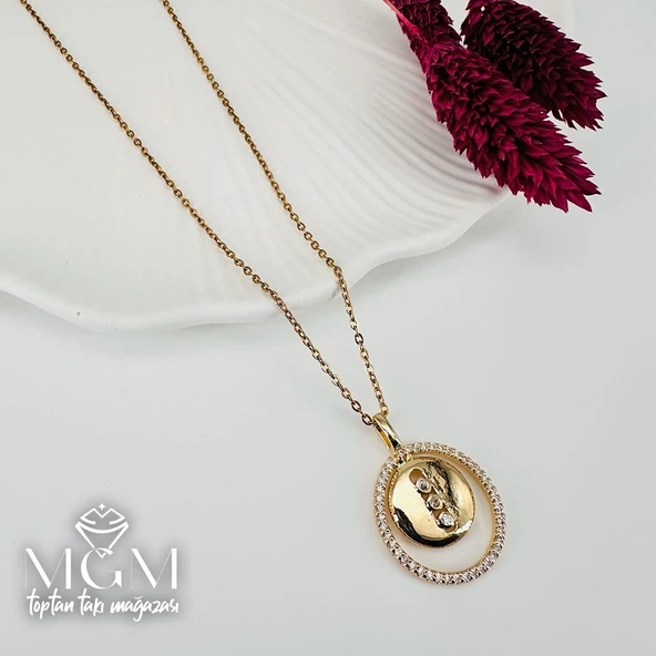 Gold Zirkon Taşlı Zincir : Çelik Çelik Kolye 40+5 Cm - Kl0232 ürün görseli 1