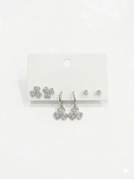 Üç Yaprak Çiçek Detaylı Altılı Küpe - Kp00560 ürün görseli 1