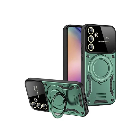 Samsung Galaxy S24 Fe Kılıf Joy Lens Standlı Kapak - Koyu Yeşil ürün görseli 1