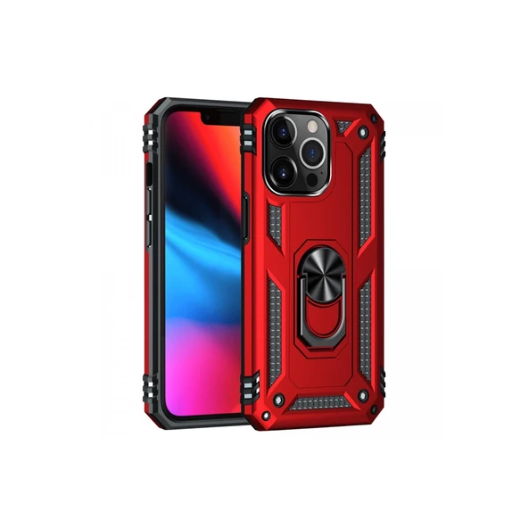 İphone 14 Pro Kılıf Sofya Yüzüklü Silikon Kapak - Kırmızı ürün görseli 1