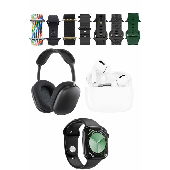 K32 Kombo 7 Adet Kordon Akıllı Saat Airpods Kulaklık Kafa Üstü Kablosuz Kulaklık Set - Siyah ürün görseli 1