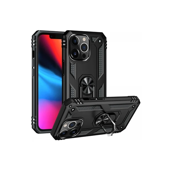 İphone 13 Pro Kılıf Sofya Yüzüklü Silikon Kapak - Siyah - Resim 2