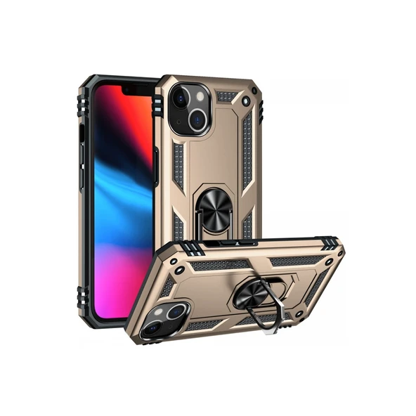İphone 13 Kılıf Sofya Yüzüklü Silikon Kapak - Gold - Resim 2