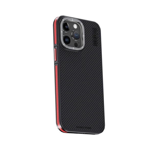 Joko İphone 15 Pro Kılıf Aramid 600D Kevlar Karbon Fiber Magsafe Kapak - Kırmızı ürün görseli 1